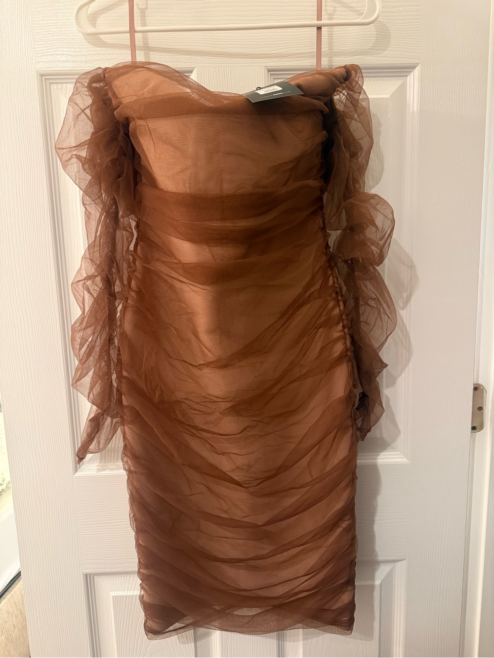 Fashion Nova Brown Sheer Ruched Midi Dress - Picture 4 of 6
